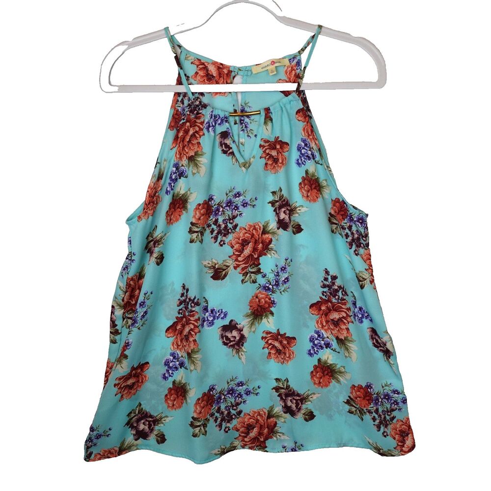 Wishful Park Women Sz Large Aqua Blue Floral Sleeveless Blouse Tank Top Keyhole